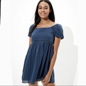 100% COTTON American Eagle blue puff sleeve babydoll dress  embroidered
